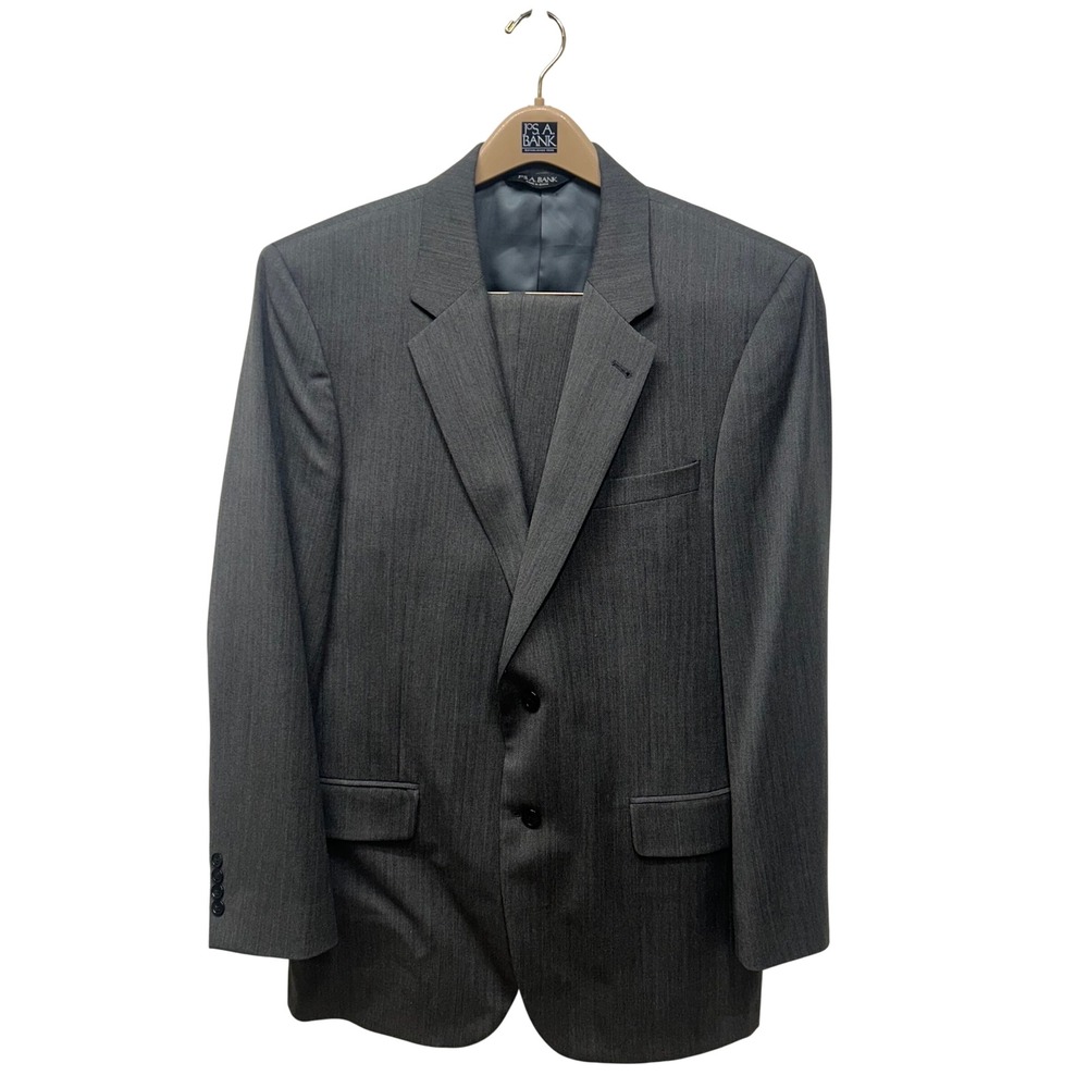 Jos A Bank Signature Collection Mens 43L Suit Charcoal Grey Herringbone Wool